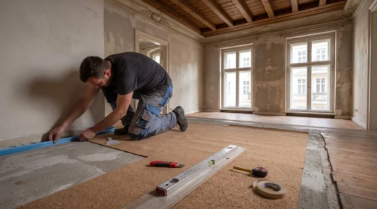Handwerker bei der fachgerechten Montage eines Randdämmstreifens an der Wand-Boden-Verbindung in einer Altbauwohnung während der Bodensanierung, mit sichtbarer Holzbalkendecke und ausgerollter Kork-Dämmunterlage