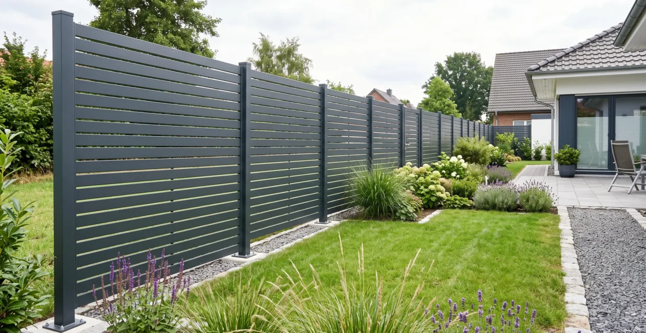 Ein moderner Lamellenzaun aus anthrazitfarbenem Aluminium, professionell installiert entlang eines deutschen Wohngrundstücks mit korrektem Pfostenabstand und Verankerung im Garten.