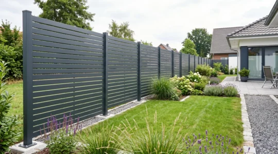 Ein moderner Lamellenzaun aus anthrazitfarbenem Aluminium, professionell installiert entlang eines deutschen Wohngrundstücks mit korrektem Pfostenabstand und Verankerung im Garten.