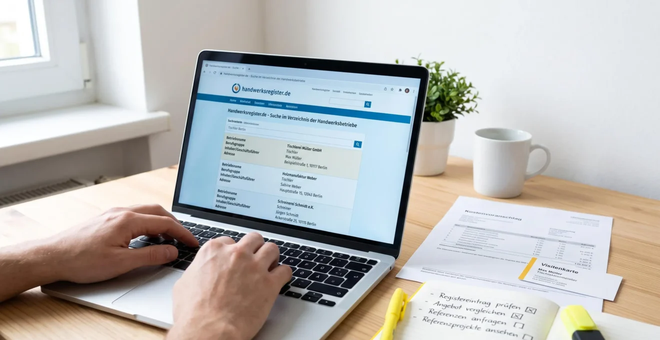Laptop-Bildschirm zeigt handwerksregister.de-Website zur Überprüfung der Qualifikation eines Handwerksbetriebs, daneben Kostenvoranschlag und Checkliste auf Schreibtisch