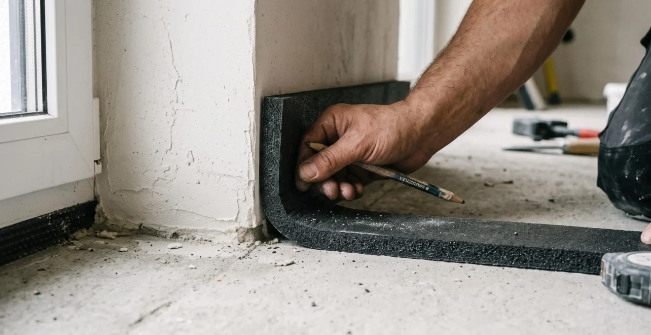 Detailaufnahme der fachgerechten Montage eines Randdämmstreifens an der Wand-Boden-Fuge, mit Handwerker-Händen, die die Schaumstoffbande fest gegen die Wand drücken