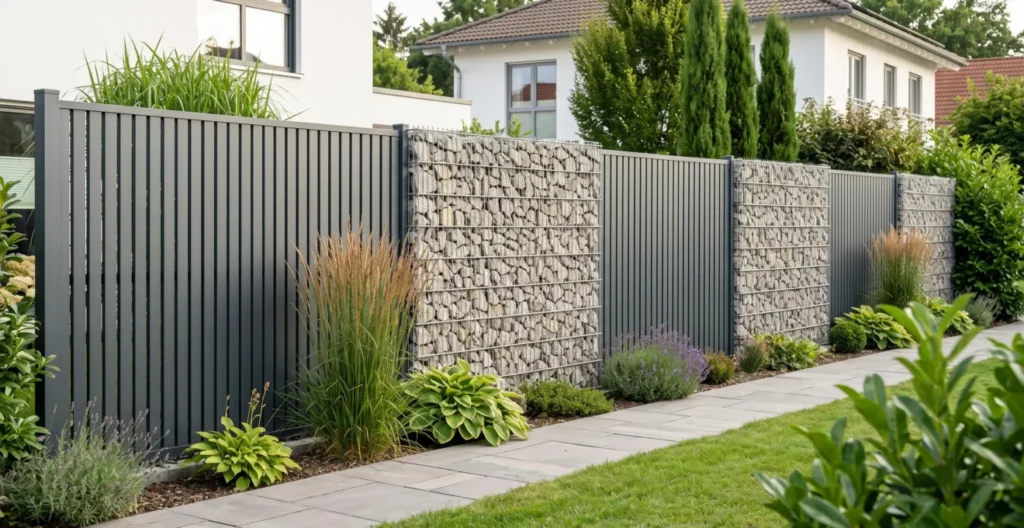 Moderne Gartengestaltung mit Kombination aus Aluminium-Lamellenzaun und Gabionen-Elementen aus Naturstein in einem deutschen Wohngarten. Moderne Gartengestaltung mit Kombination aus Aluminium-Lamellenzaun und Gabionen-Elementen aus Naturstein in einem deutschen Wohngarten.