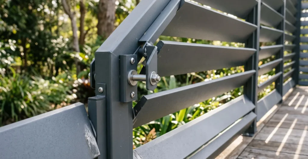 Detailaufnahme von verstellbaren Aluminium-Lamellen in 45-Grad-Position mit natürlichem Lichtdurchlass und sichtbarem Verstellmechanismus. Detailaufnahme von verstellbaren Aluminium-Lamellen in 45-Grad-Position mit natürlichem Lichtdurchlass und sichtbarem Verstellmechanismus.